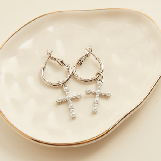 Cera Pearl Cross Earrings