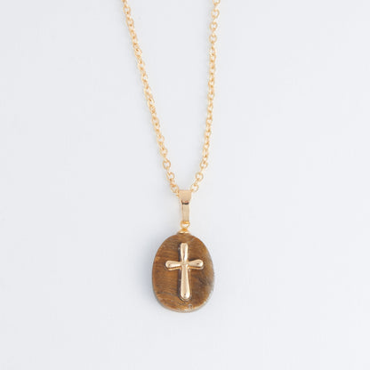 Eleni  Genuine Tiger's Eye Cross Charm Necklace
