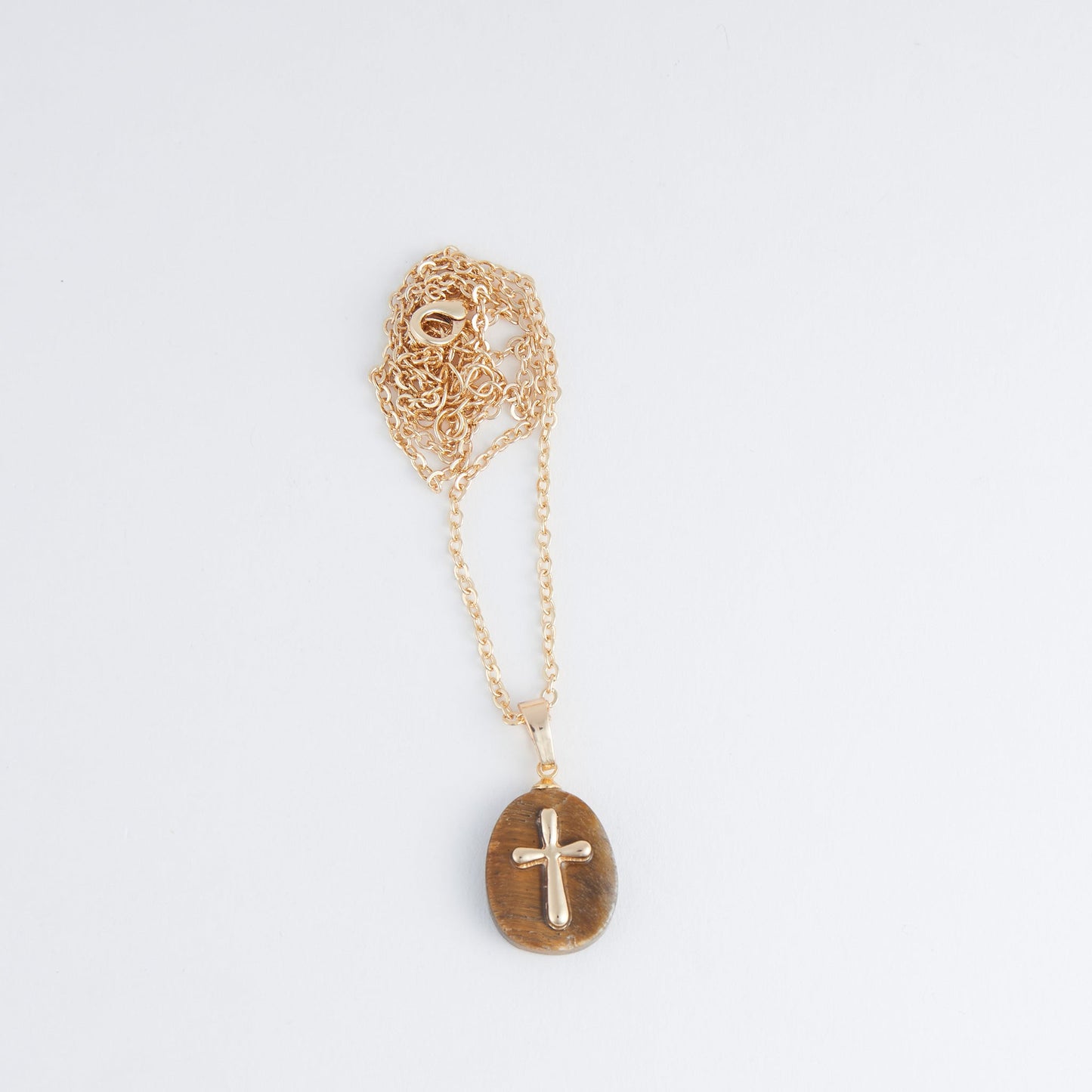 Eleni  Genuine Tiger's Eye Cross Charm Necklace