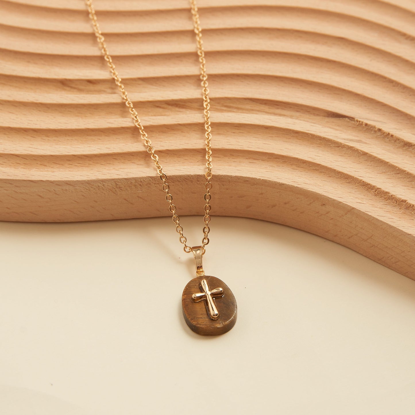 Eleni  Genuine Tiger's Eye Cross Charm Necklace