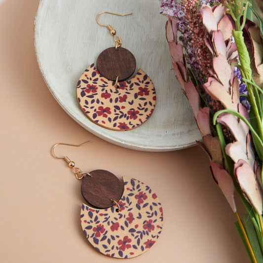 Jolie Wooden Floral Print Round Earrings