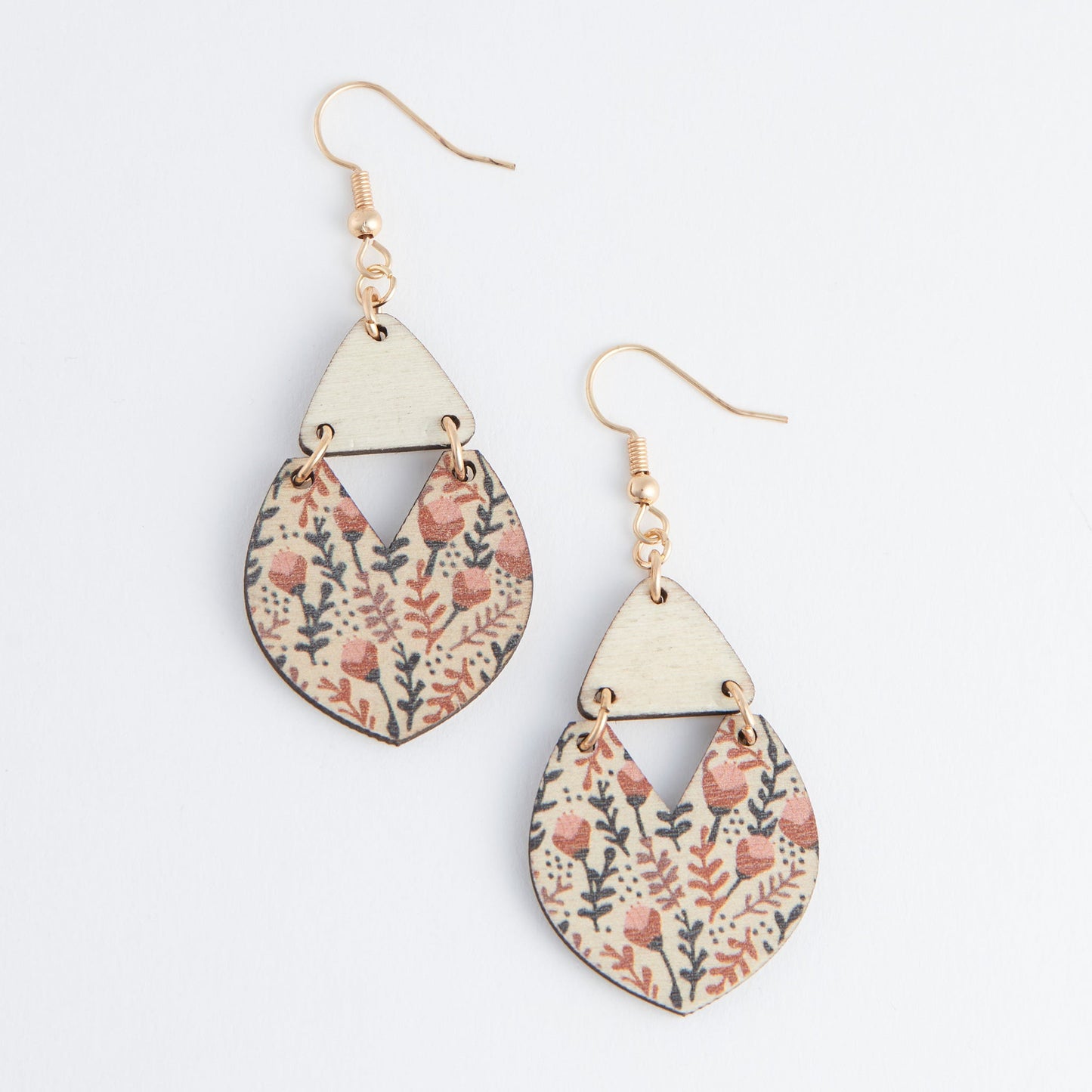 Jolie Wooden Floral Print Triangle Earrings
