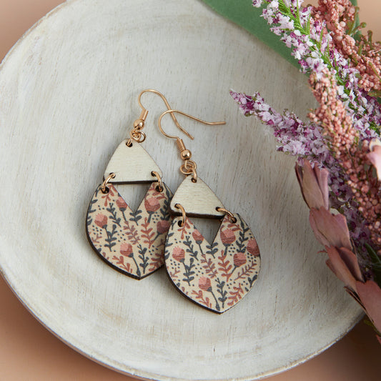 Jolie Wooden Floral Print Triangle Earrings
