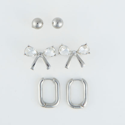 Holiday Silver Rhinestone Bow Earring Trio