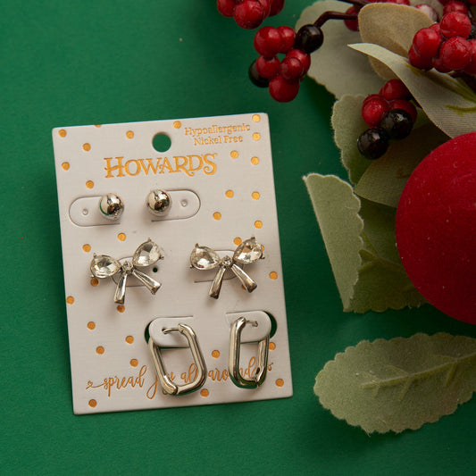 Holiday Silver Rhinestone Bow Earring Trio