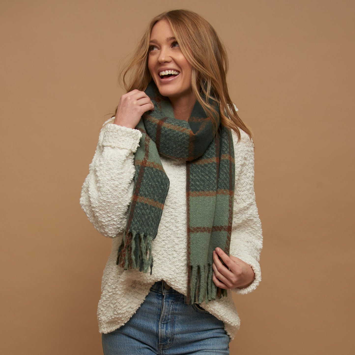 Kylie Windowpane Plaid Fringe Scarf