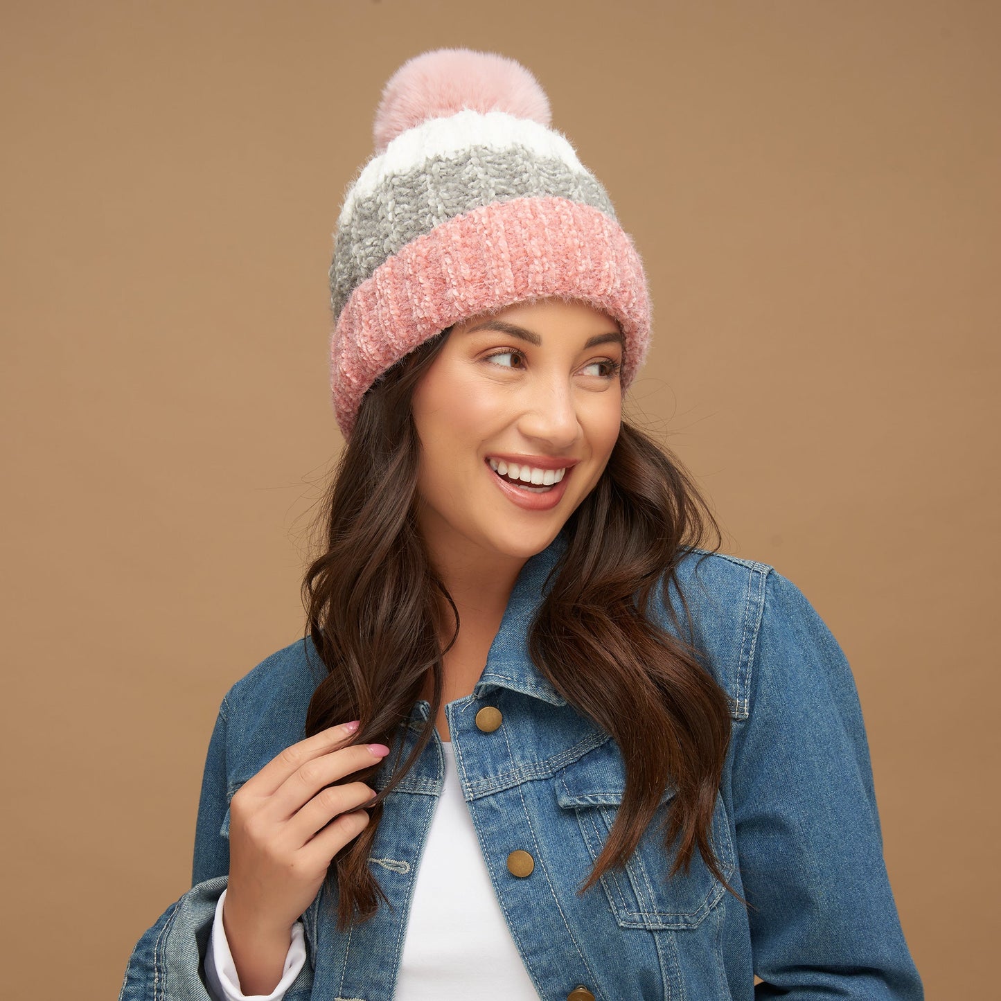 Jemmi Chenille Striped Pom Beanie