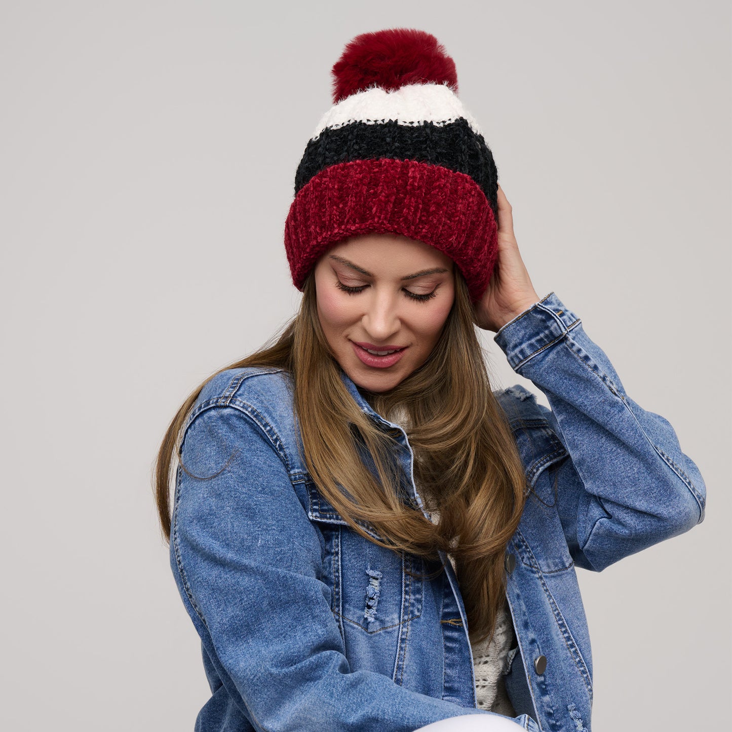 Jemmi Chenille Striped Pom Beanie