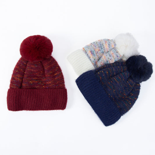 6 Piece Kirry Knit Flecked Pom Beanie Assortment