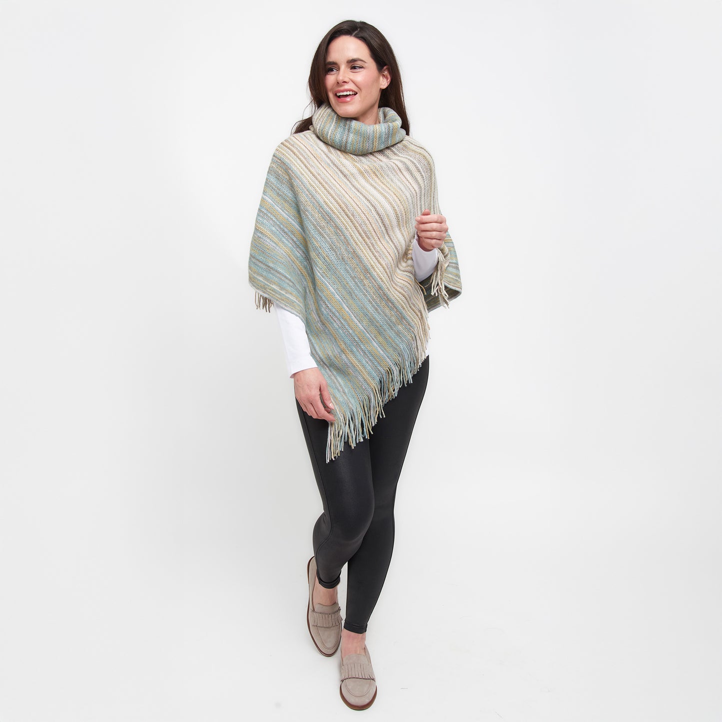 Tiya Striped Funnel Neck Poncho