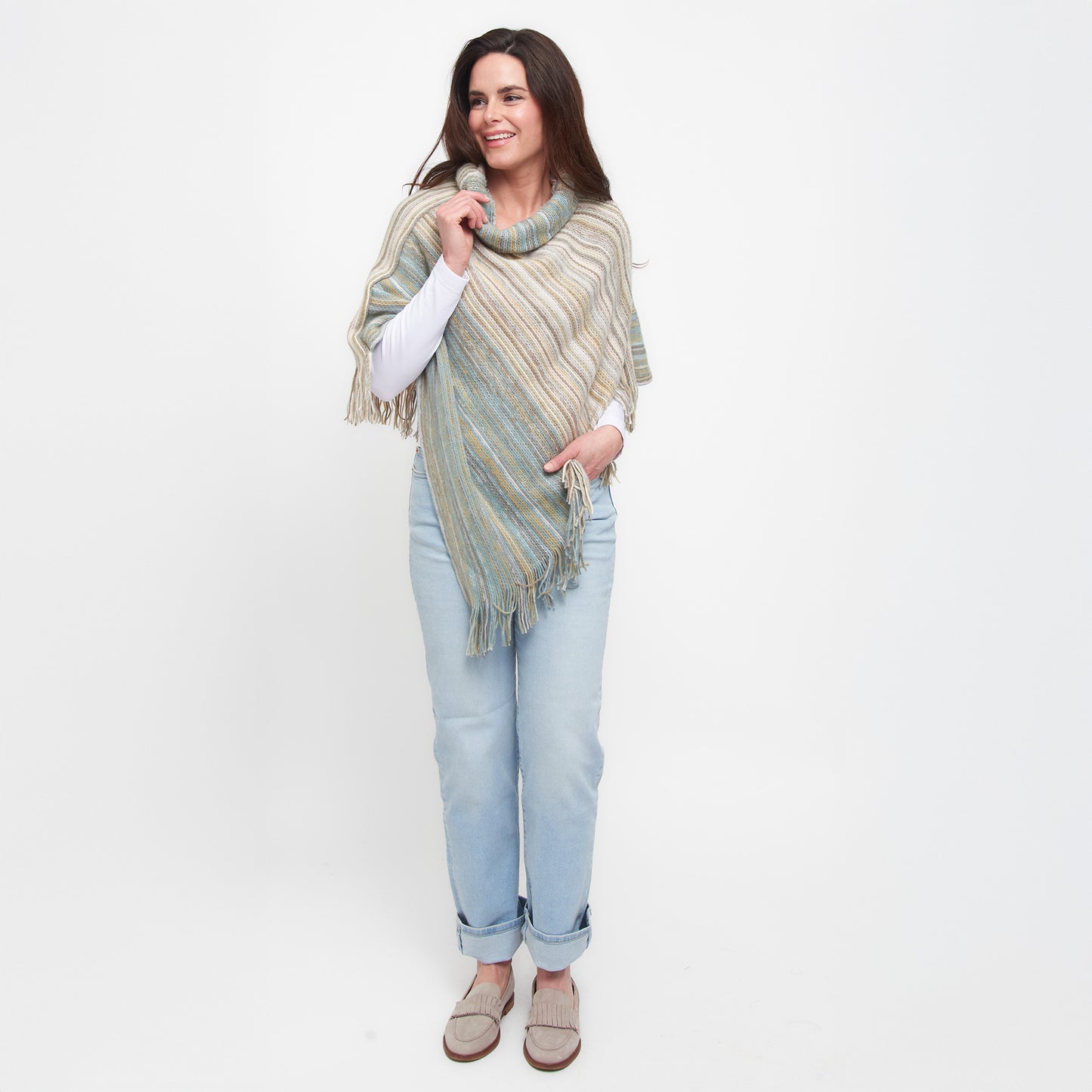 Tiya Striped Funnel Neck Poncho