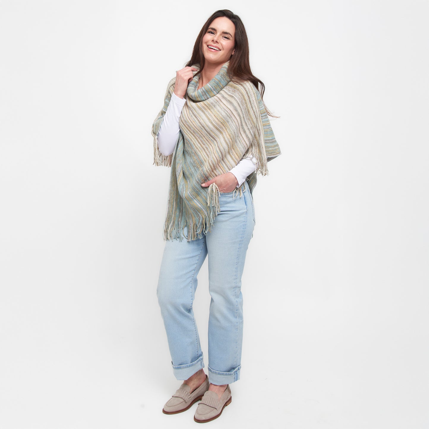 Tiya Striped Funnel Neck Poncho