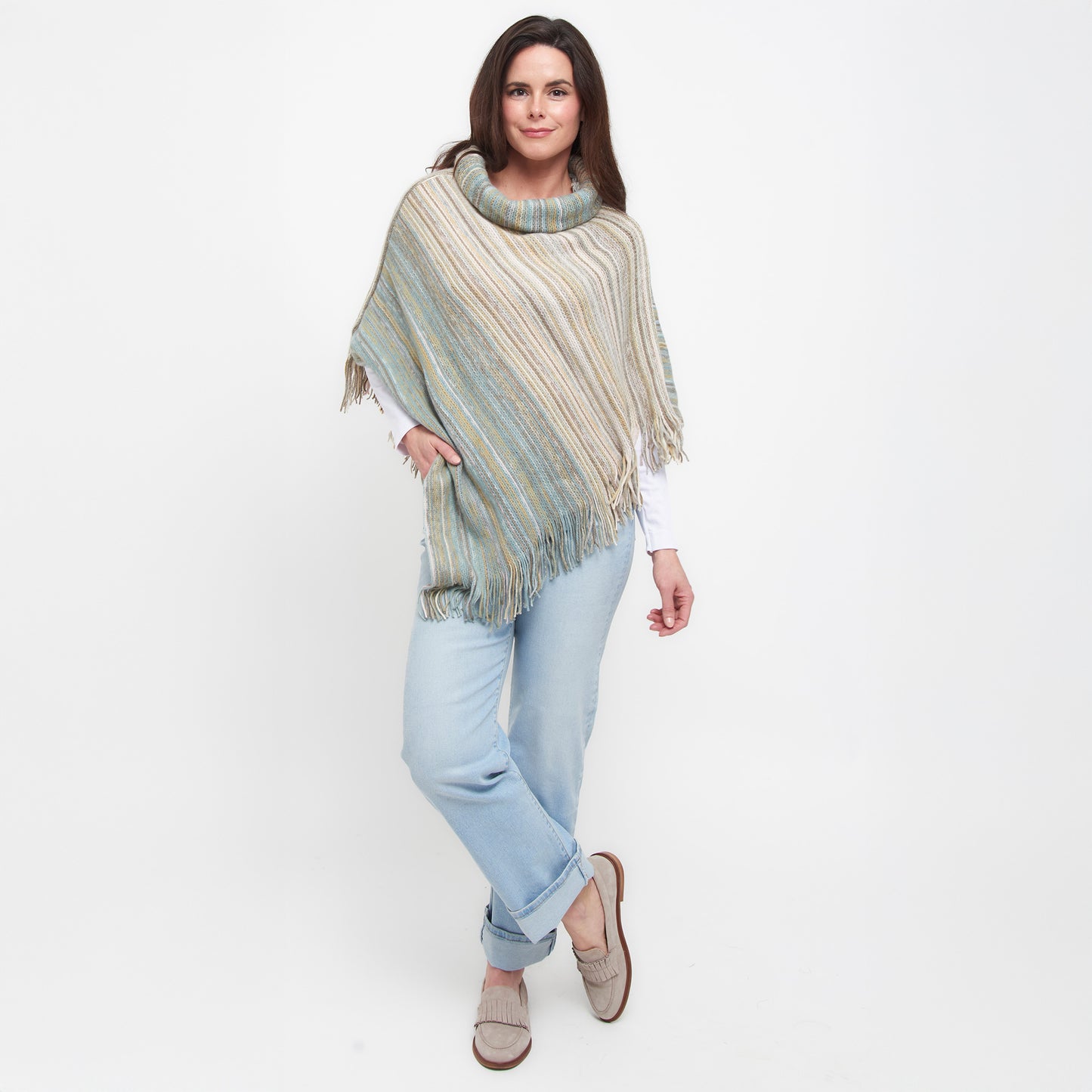 Tiya Striped Funnel Neck Poncho