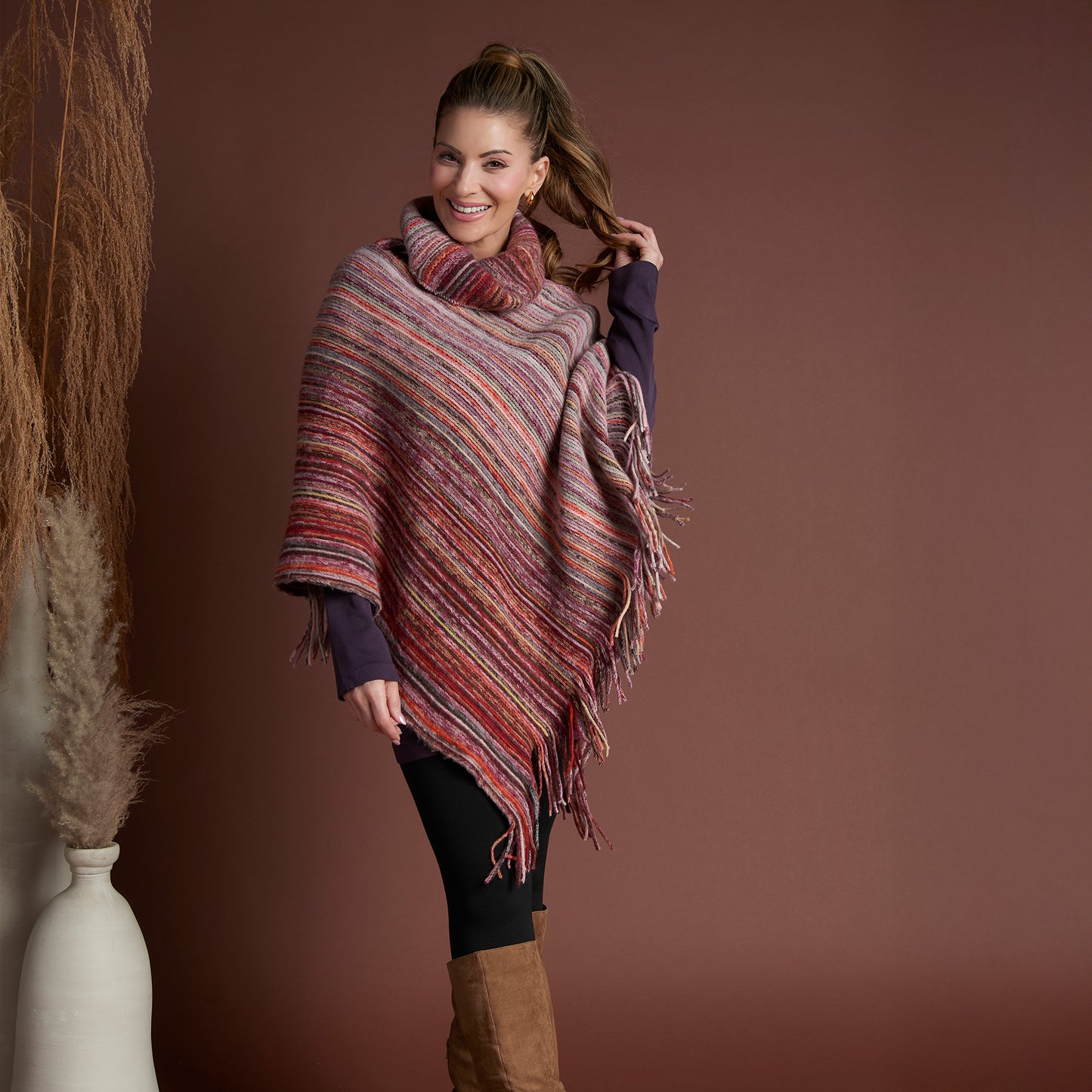 Tiya Striped Funnel Neck Poncho