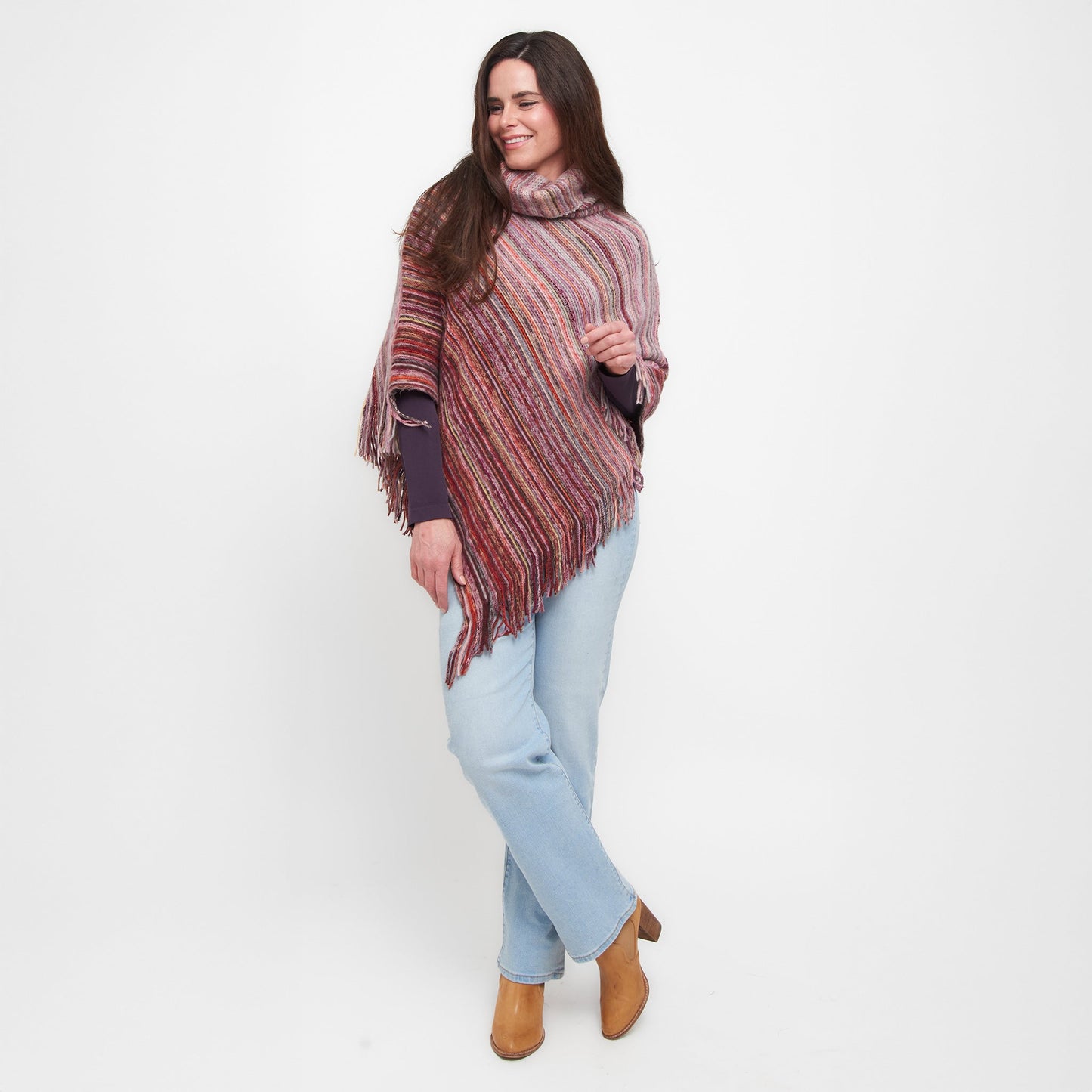 Tiya Striped Funnel Neck Poncho