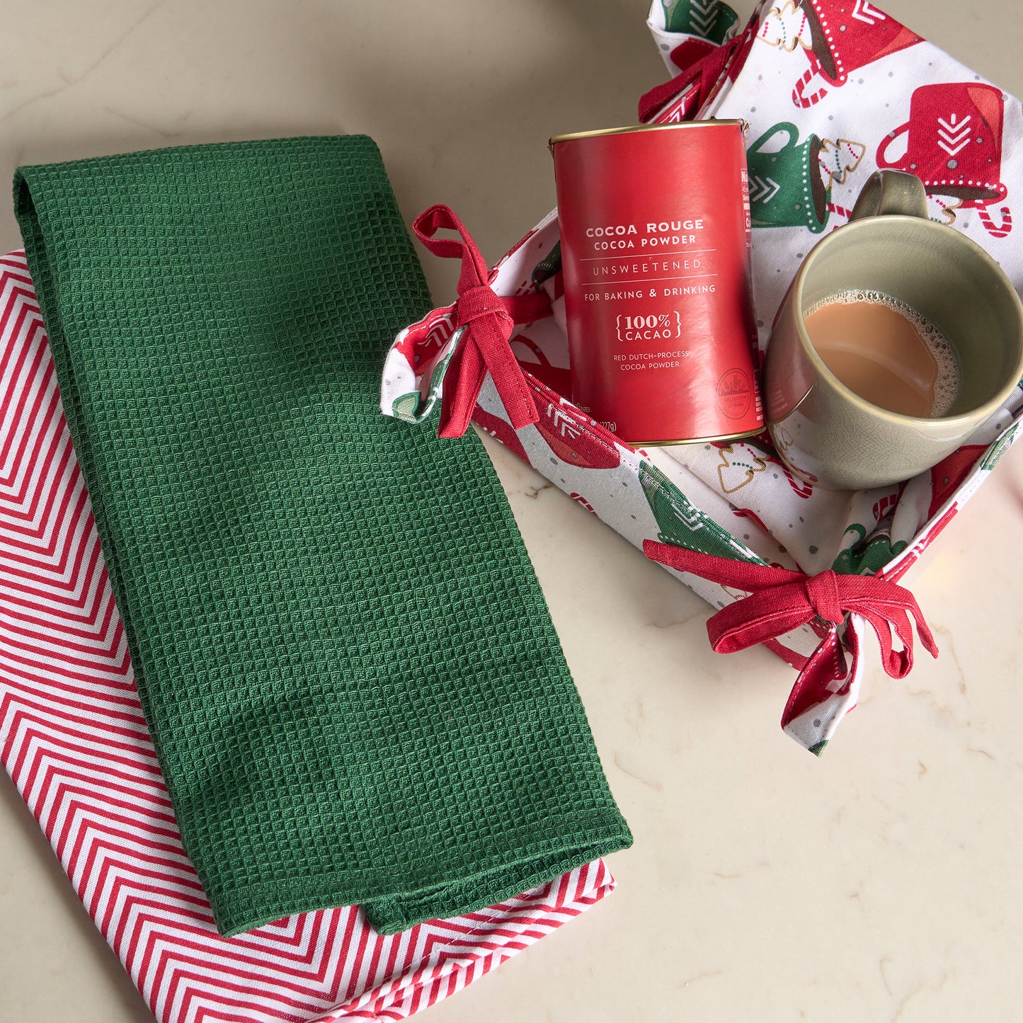 4 Piece Holiday Mugs Tea Towel & Bread Basket Set