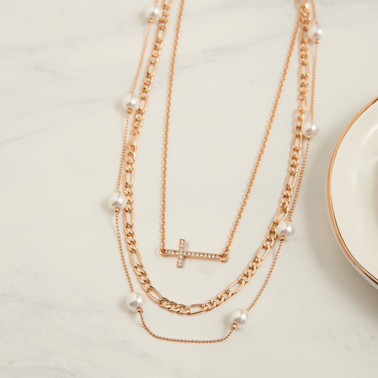 Carrie Pearl & Cross Layered Necklace