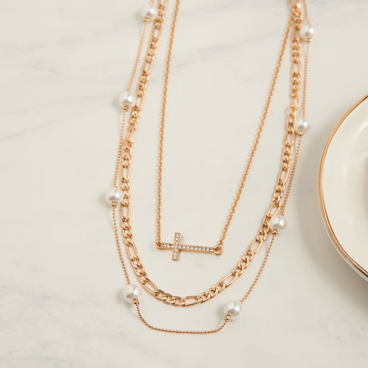 Carrie Pearl & Cross Layered Necklace