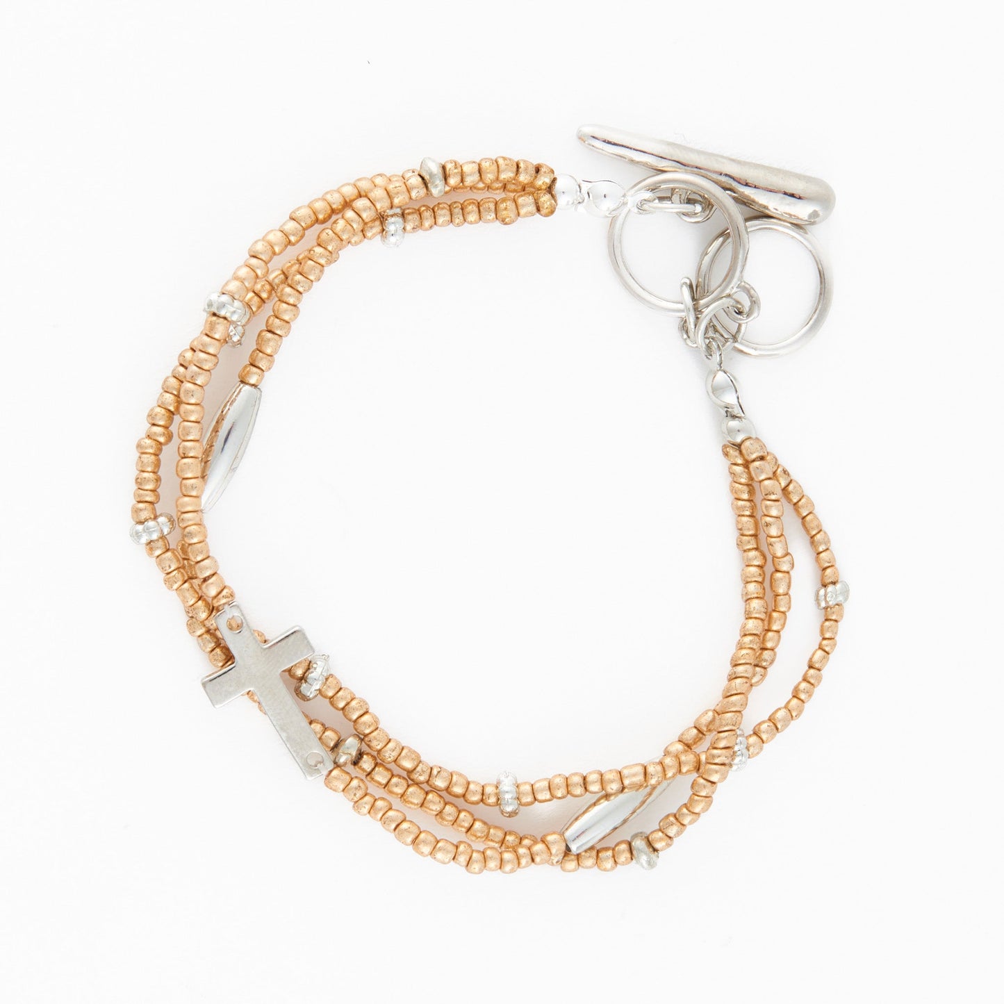 Amber Multi Row Seed Bead Cross Charm Toggle Bracelet