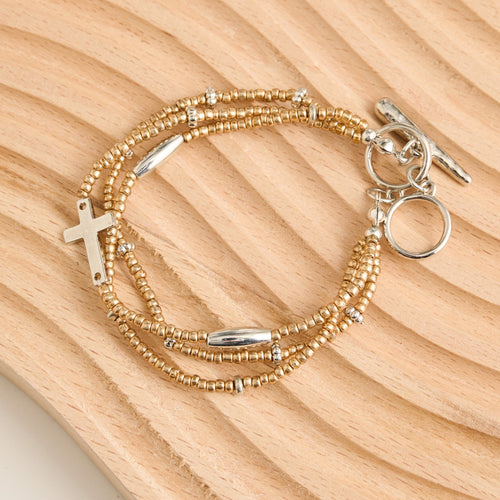 Amber Multi Row Seed Bead Cross Charm Toggle Bracelet