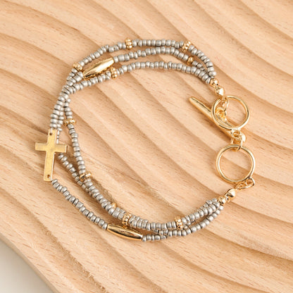Amber Multi Row Seed Bead Cross Charm Toggle Bracelet