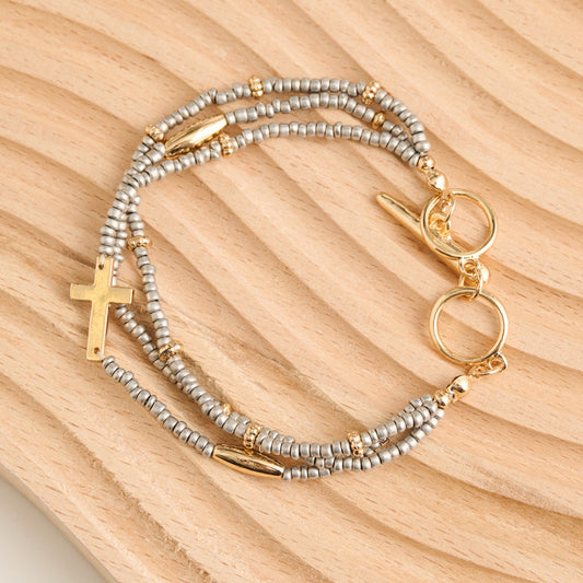 Amber Multi Row Seed Bead Cross Charm Toggle Bracelet