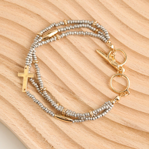 Amber Multi Row Seed Bead Cross Charm Toggle Bracelet