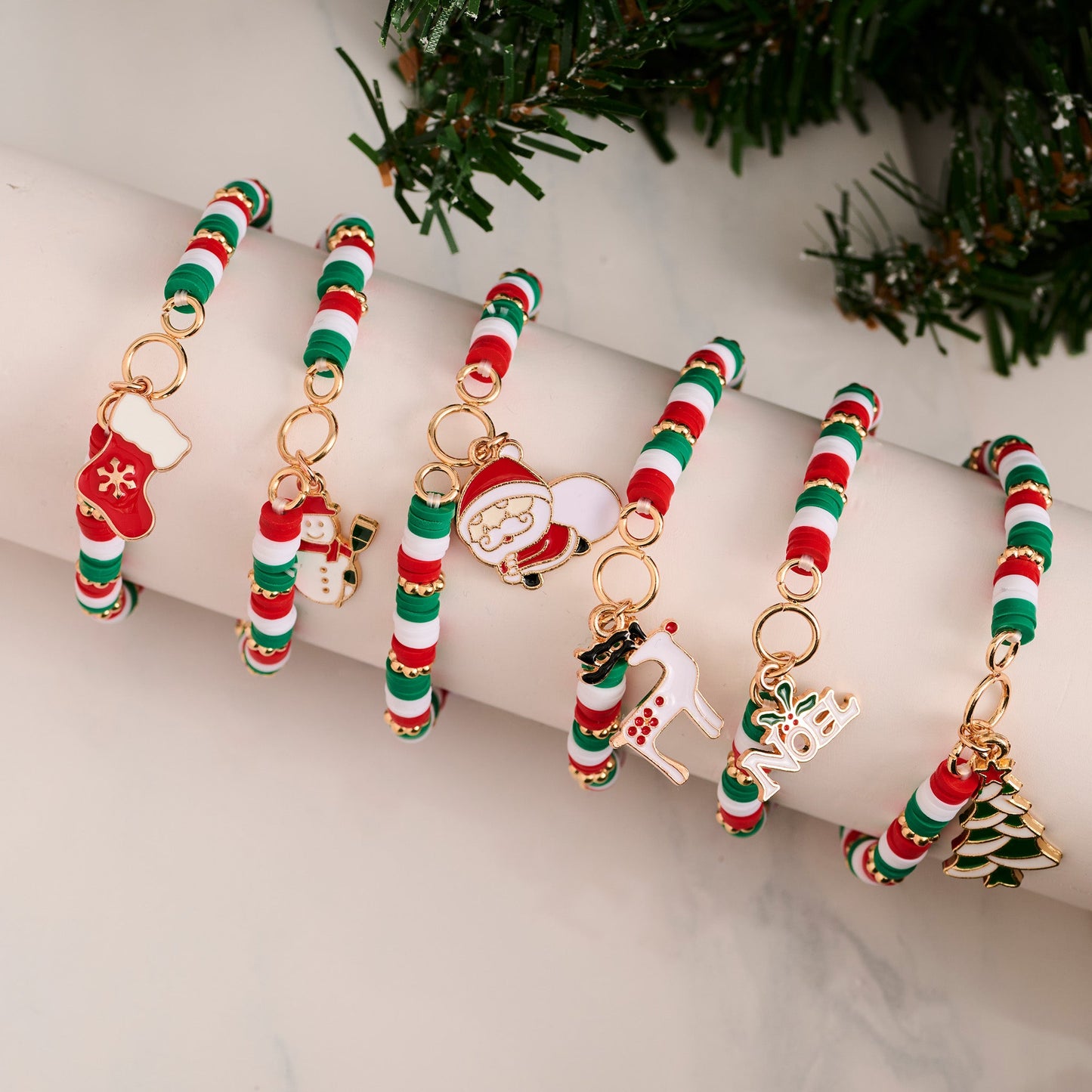 12 Piece Christmas Charm Heishi Bead Stretch Bracelet Assortment