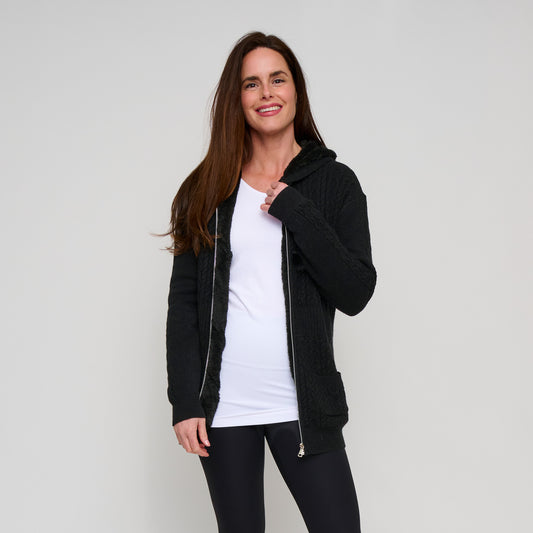Chloe Cable Knit Zip Up Pom Hoodie