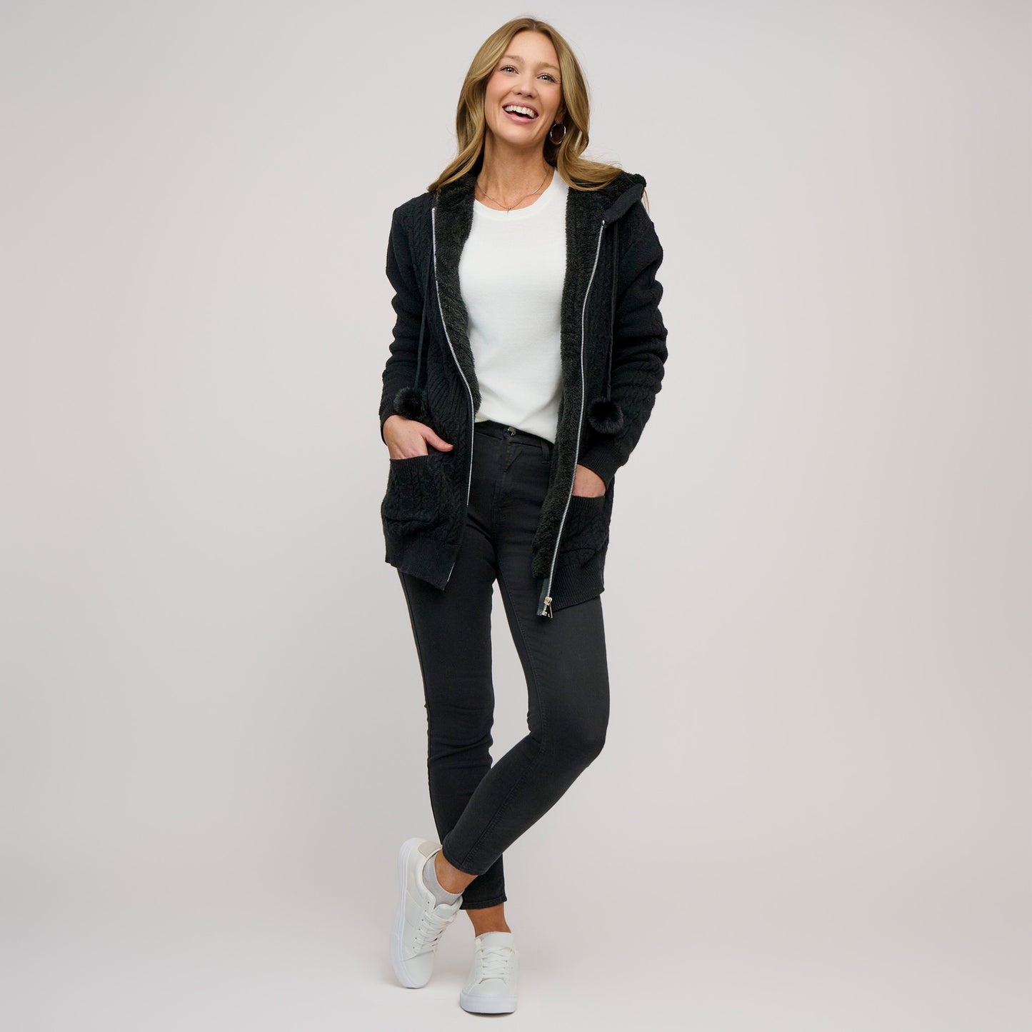 Chloe Cable Knit Zip Up Pom Hoodie