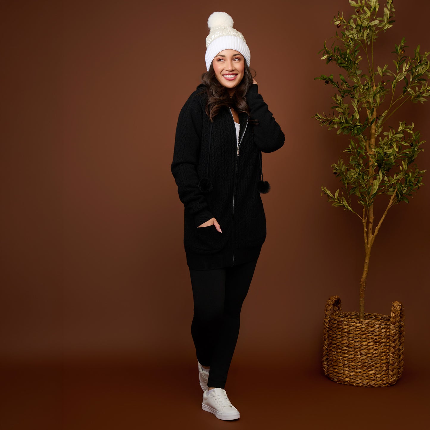 Chloe Cable Knit Zip Up Pom Hoodie