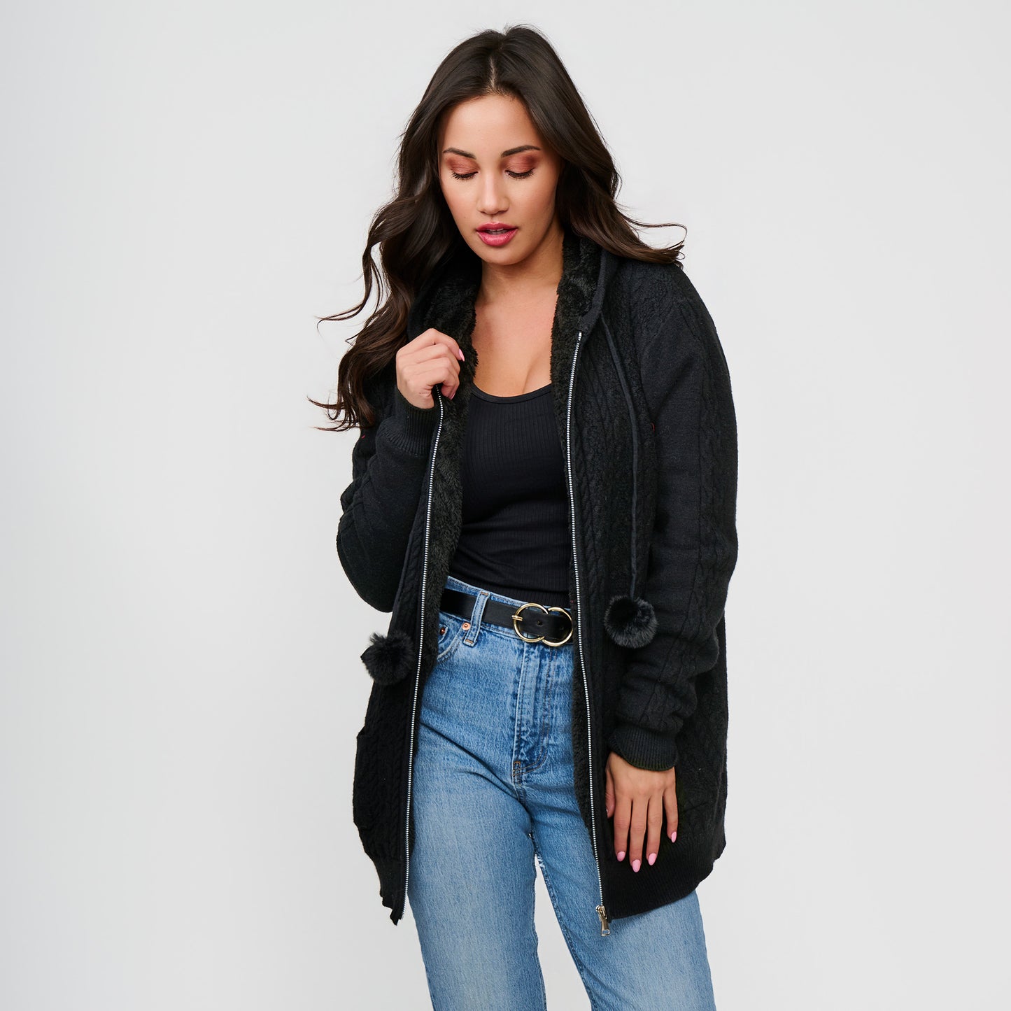 Chloe Cable Knit Zip Up Pom Hoodie