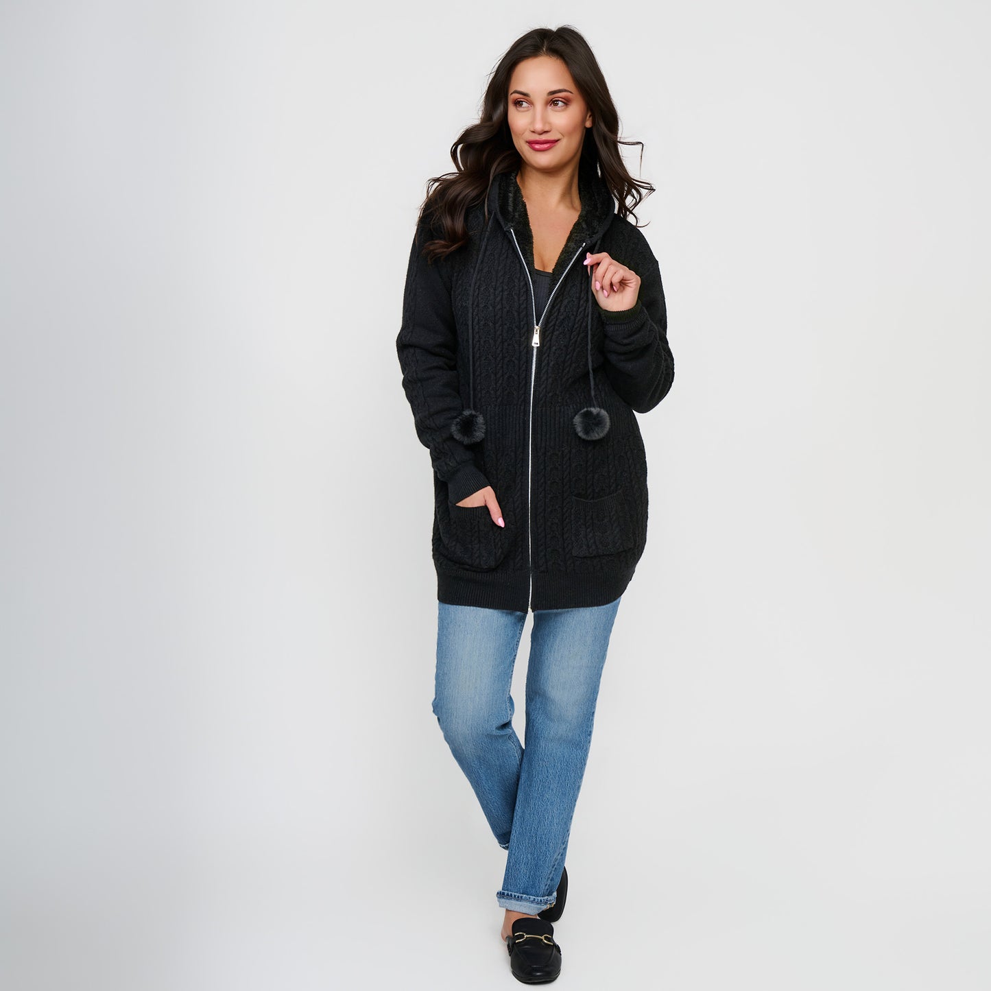 Chloe Cable Knit Zip Up Pom Hoodie