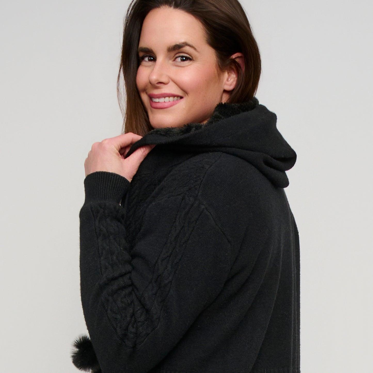 Chloe Cable Knit Zip Up Pom Hoodie