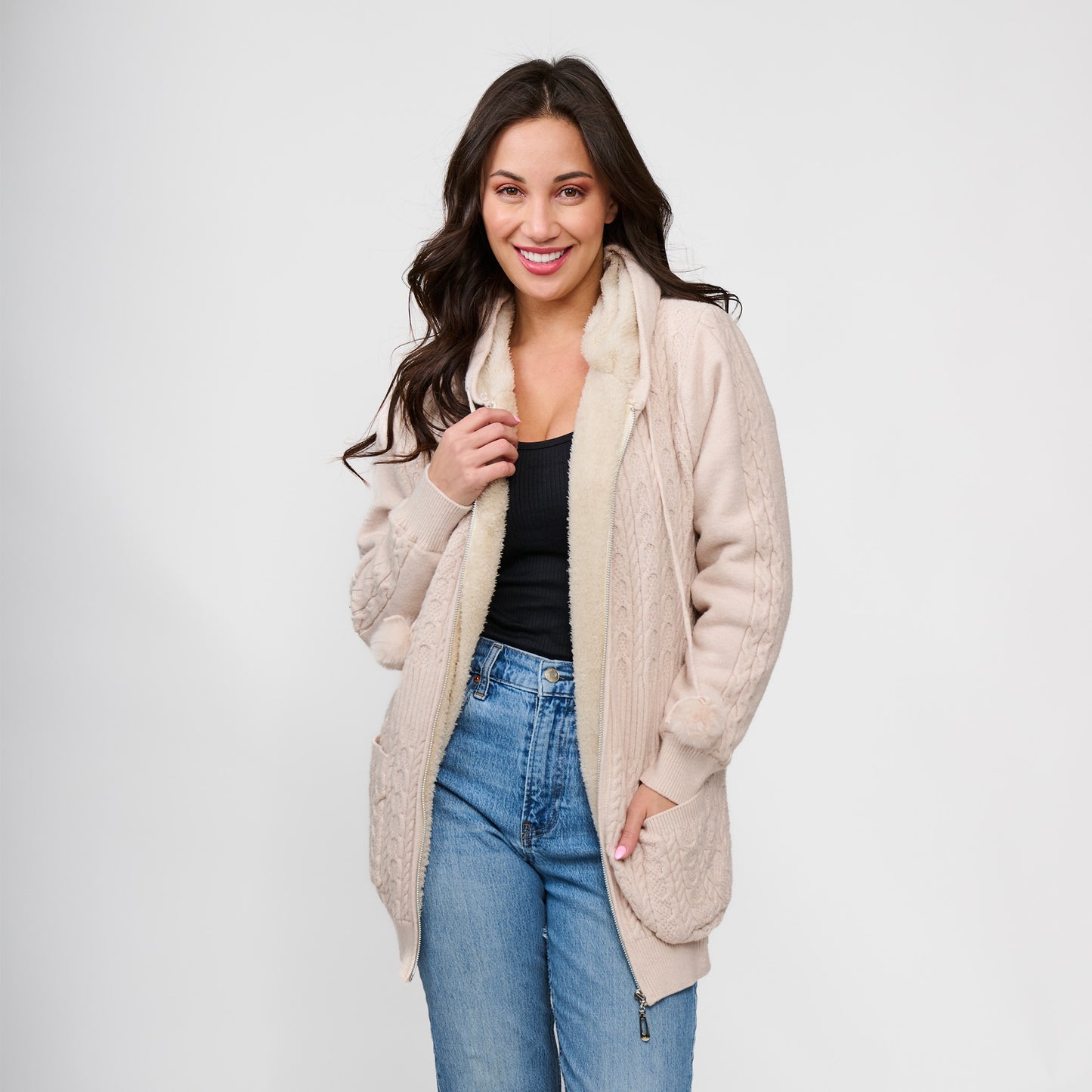 Chloe Cable Knit Zip Up Pom Hoodie