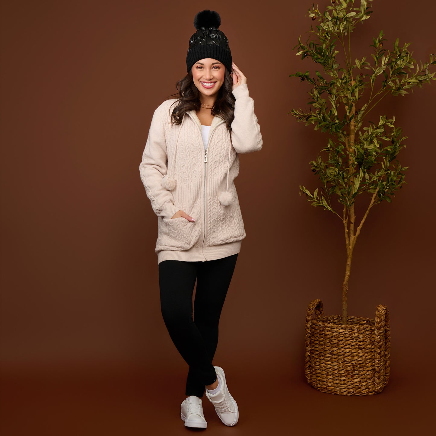 Chloe Cable Knit Zip Up Pom Hoodie