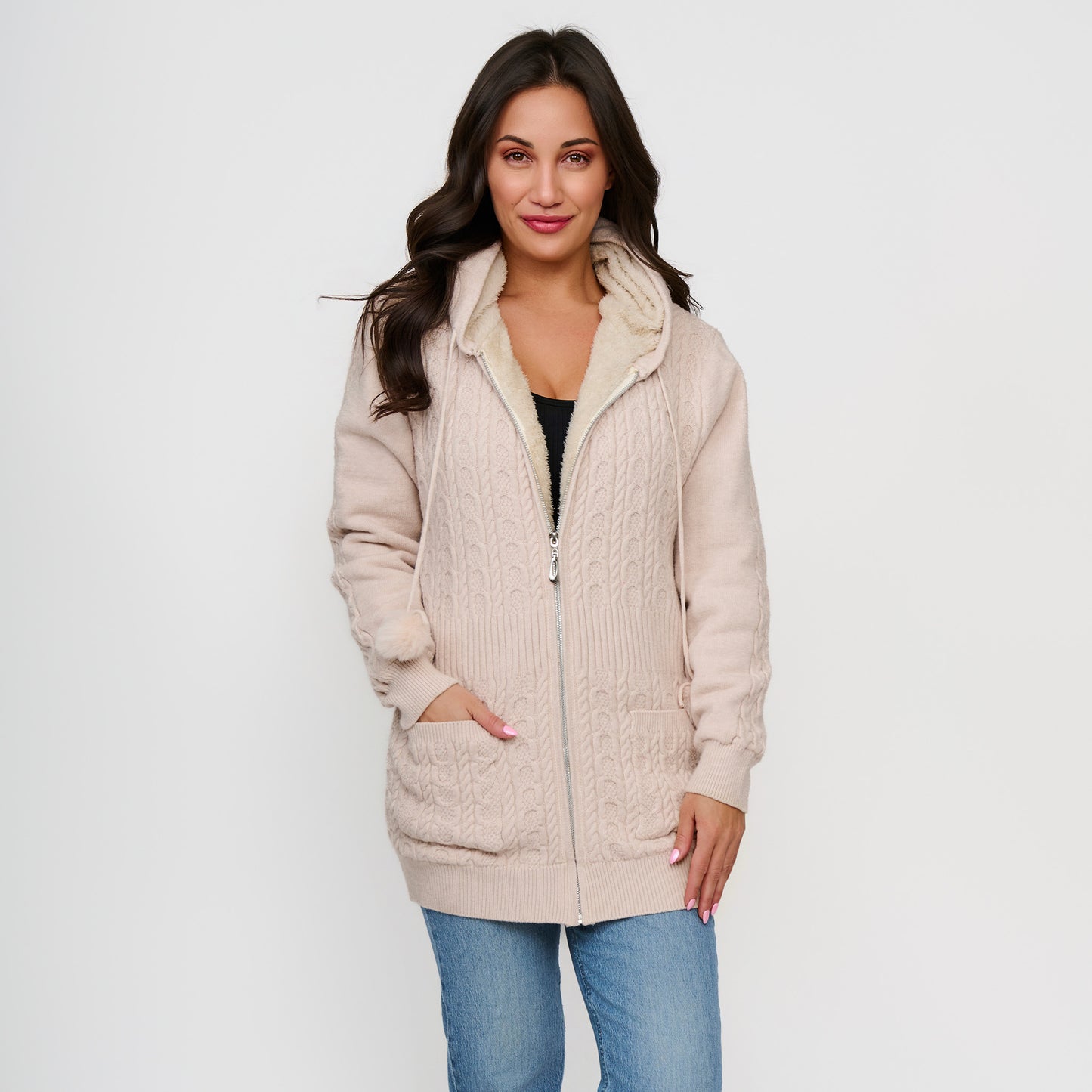 Chloe Cable Knit Zip Up Pom Hoodie