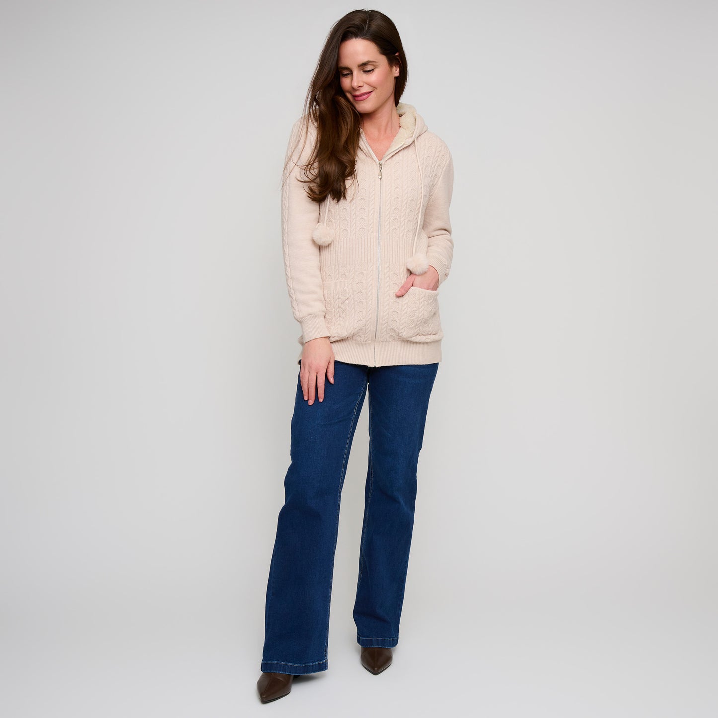 Chloe Cable Knit Zip Up Pom Hoodie