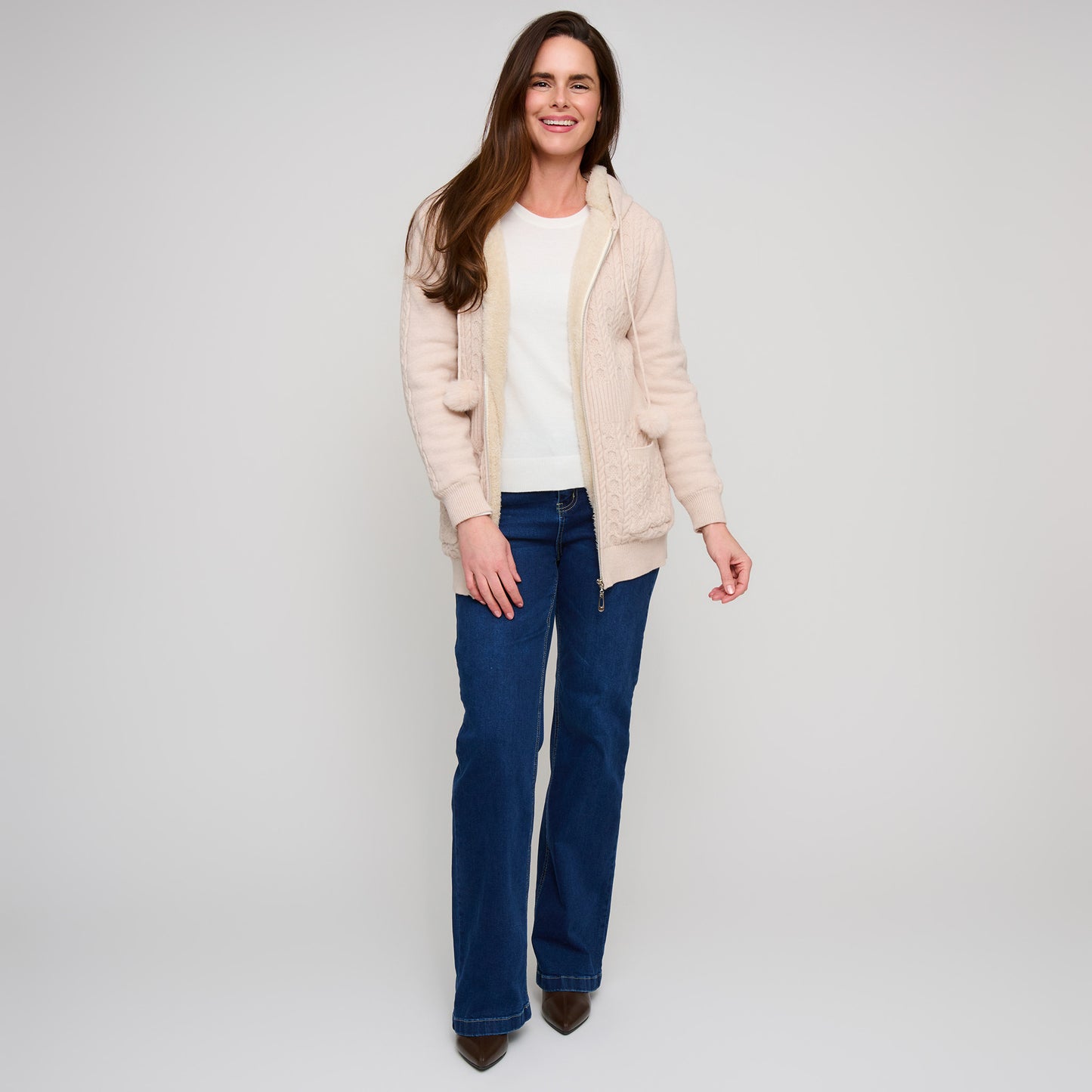 Chloe Cable Knit Zip Up Pom Hoodie