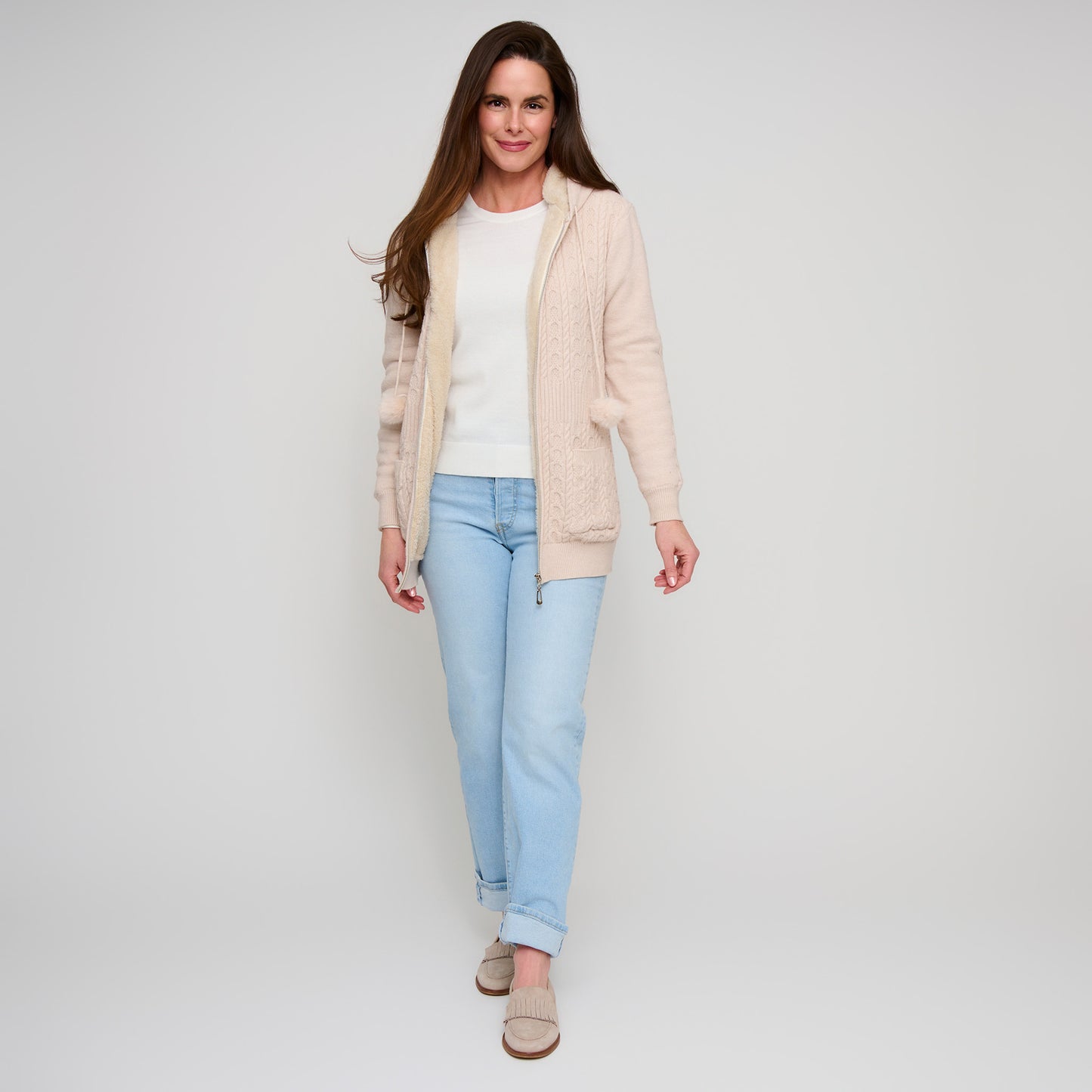 Chloe Cable Knit Zip Up Pom Hoodie