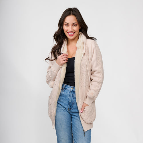 Chloe Cable Knit Zip Up Pom Hoodie