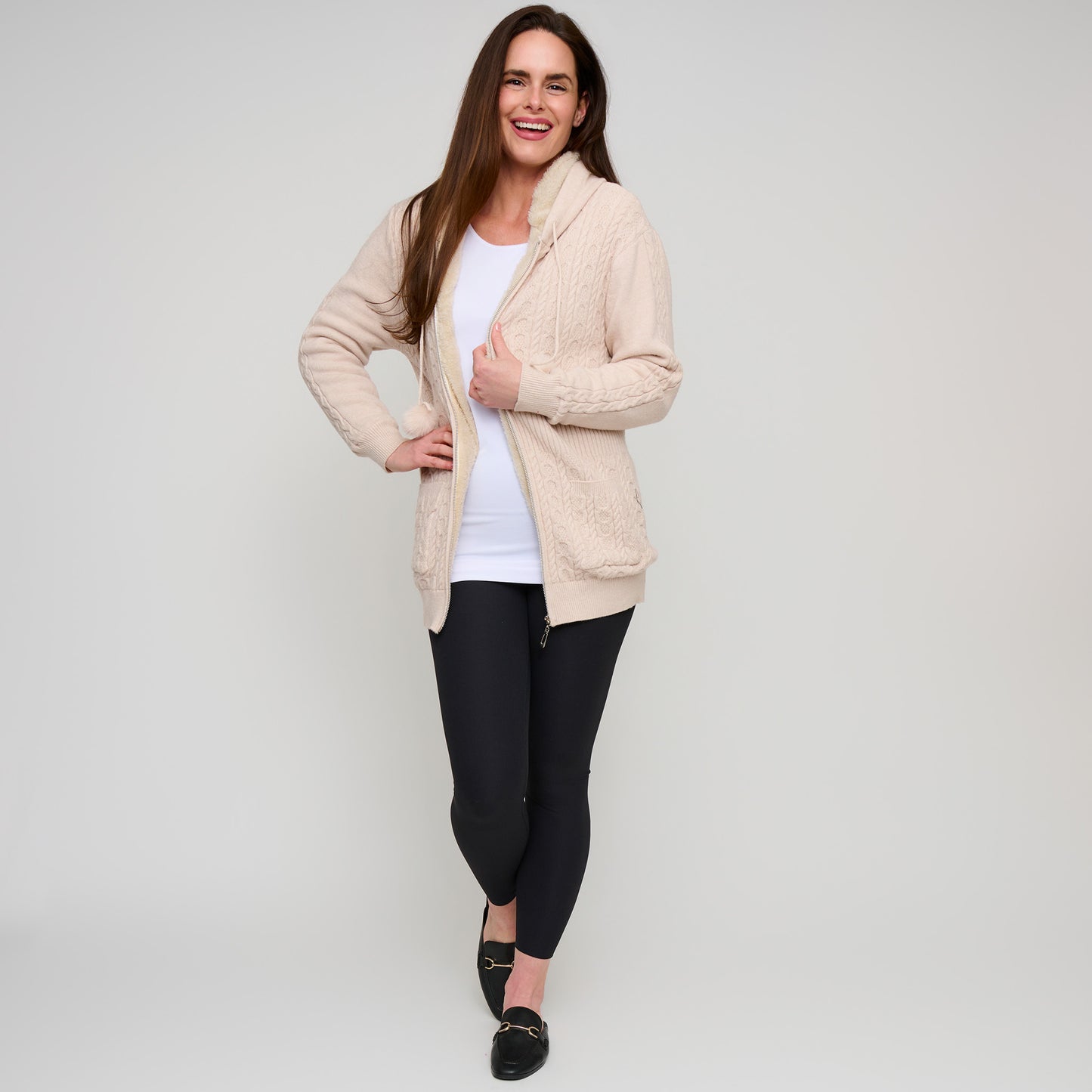 Chloe Cable Knit Zip Up Pom Hoodie