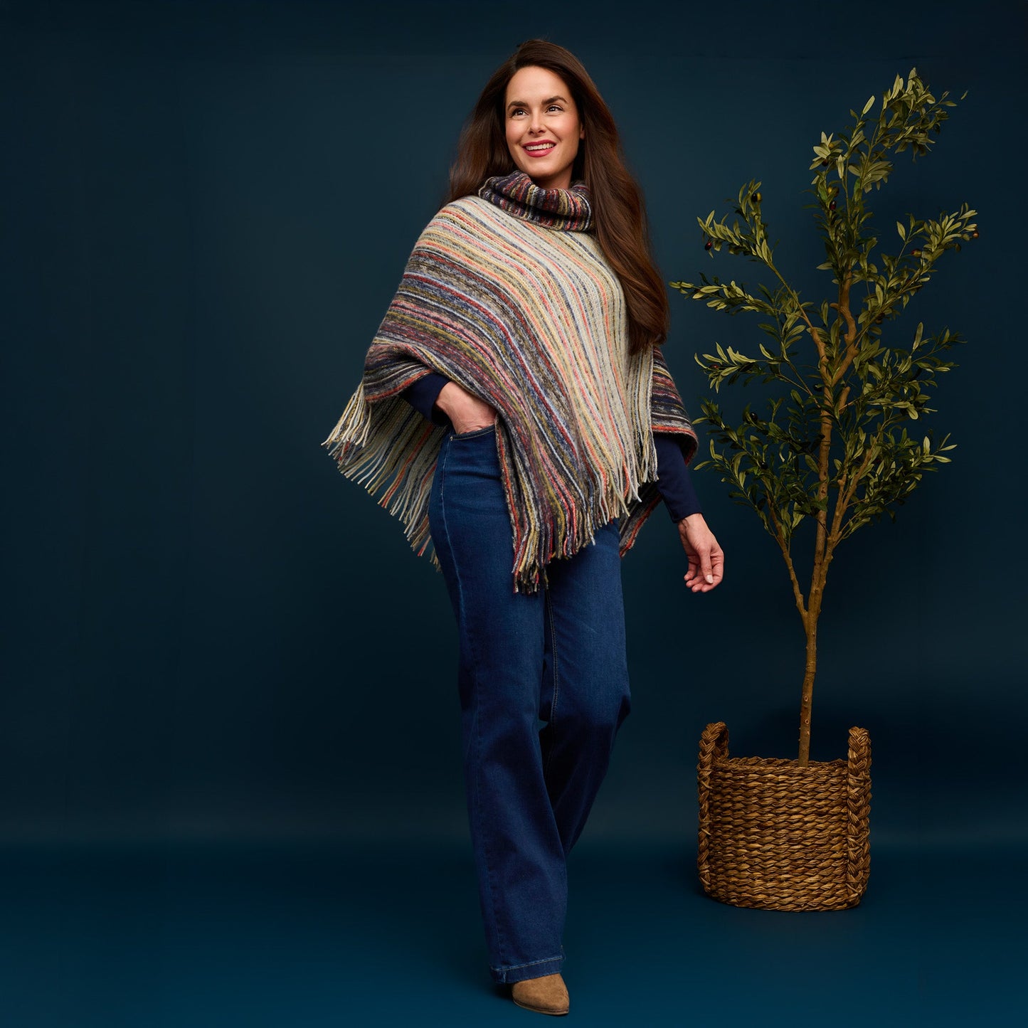 Tiya Striped Funnel Neck Poncho