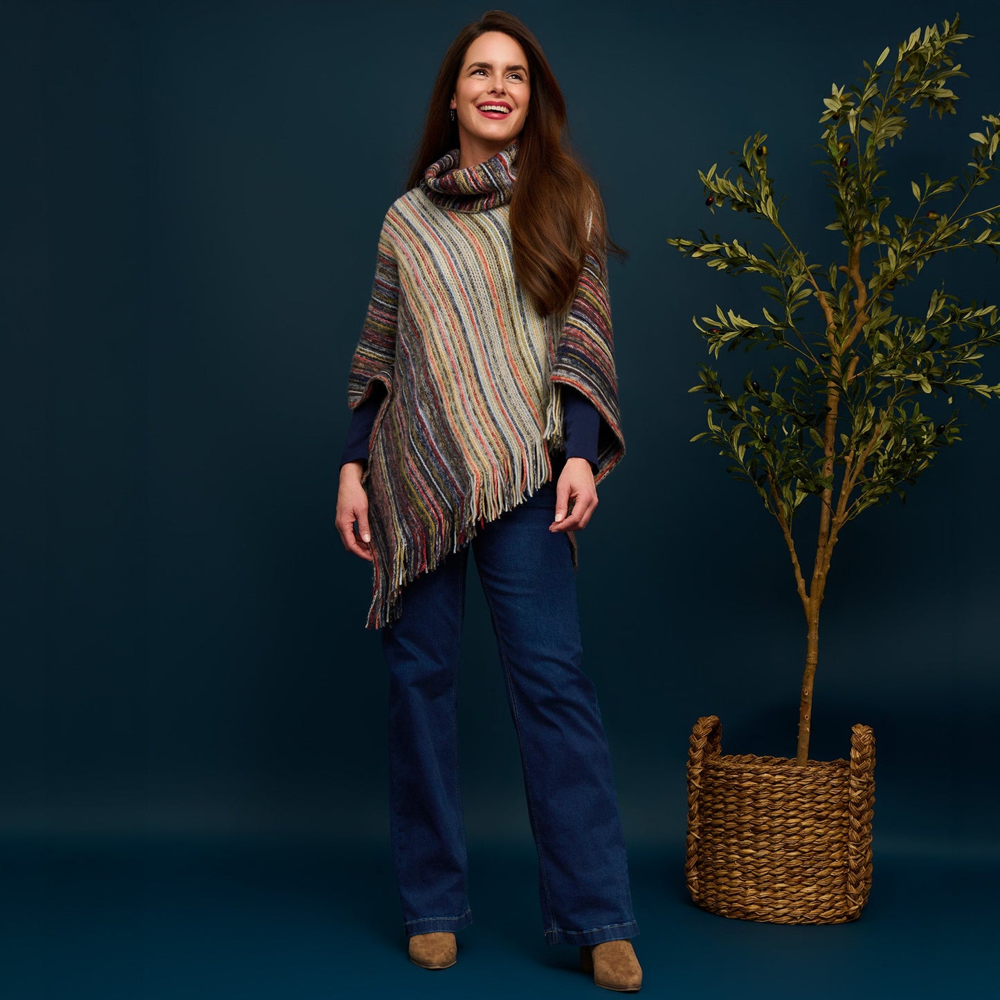 Tiya Striped Funnel Neck Poncho