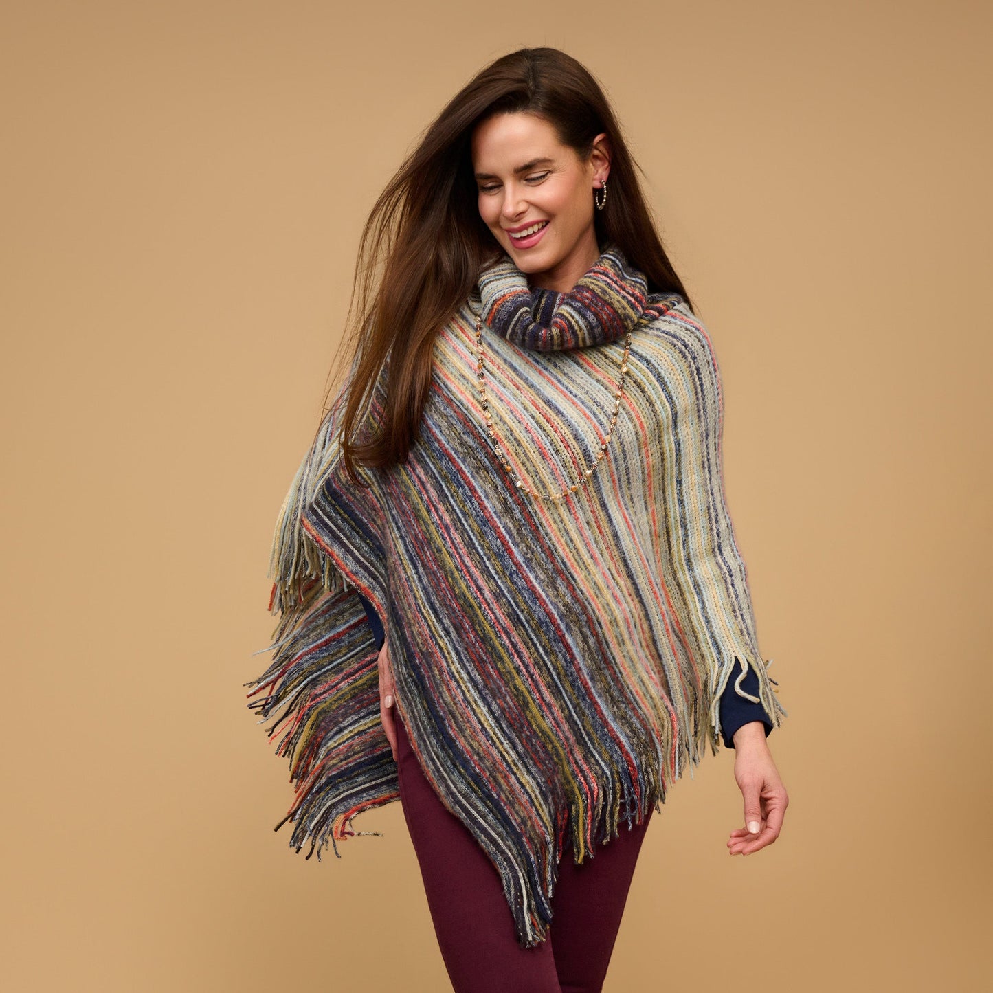 Tiya Striped Funnel Neck Poncho