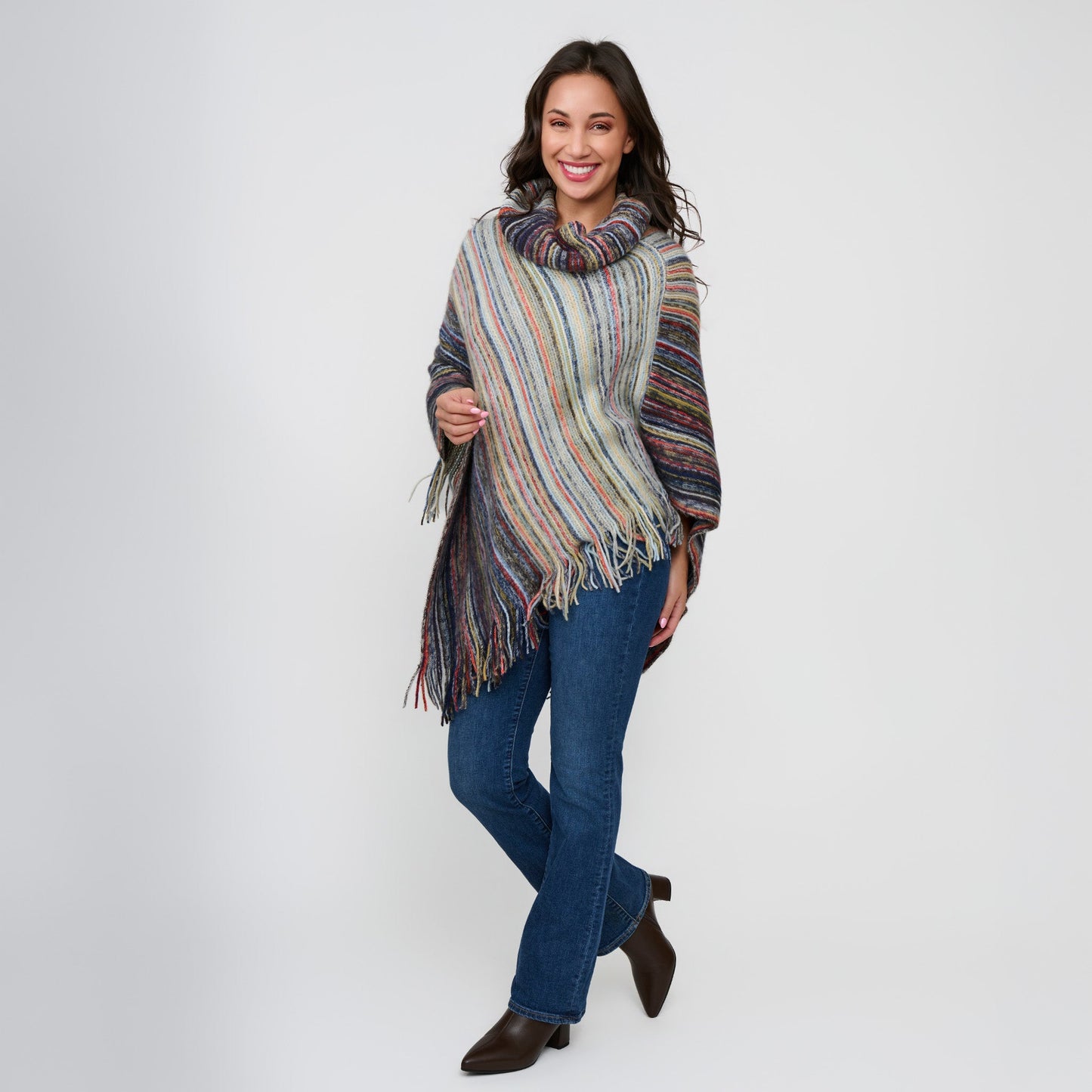 Tiya Striped Funnel Neck Poncho