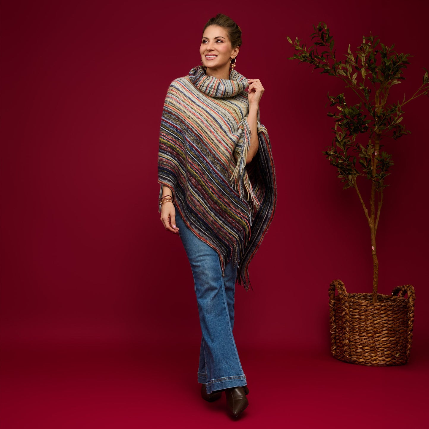 Tiya Striped Funnel Neck Poncho