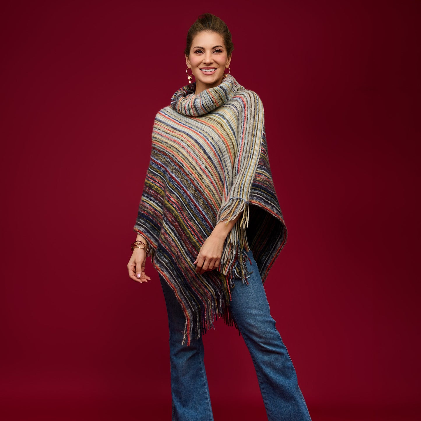 Tiya Striped Funnel Neck Poncho