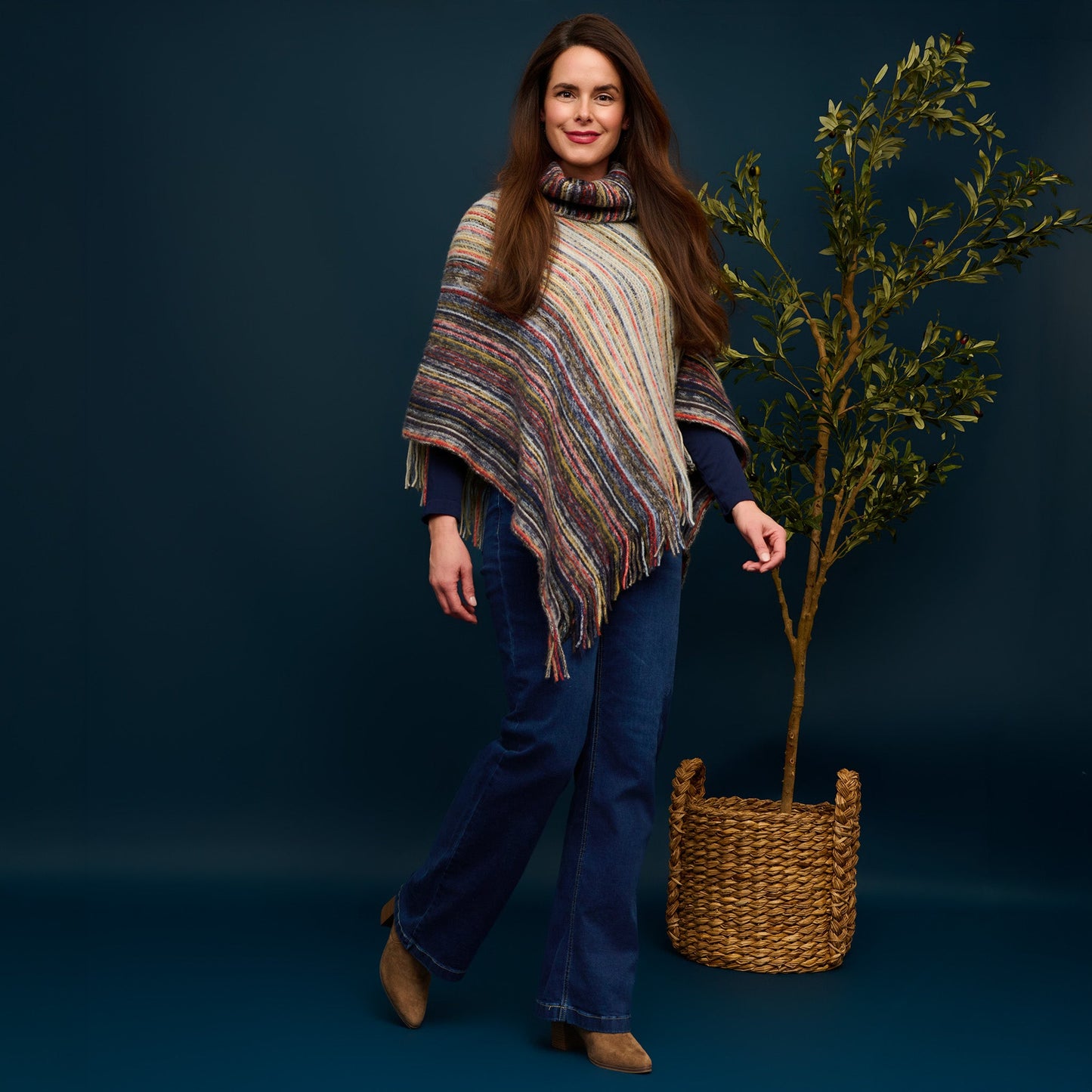 Tiya Striped Funnel Neck Poncho