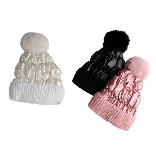 6 Piece Bianca Metallic Puffer Pom Beanie Assortment